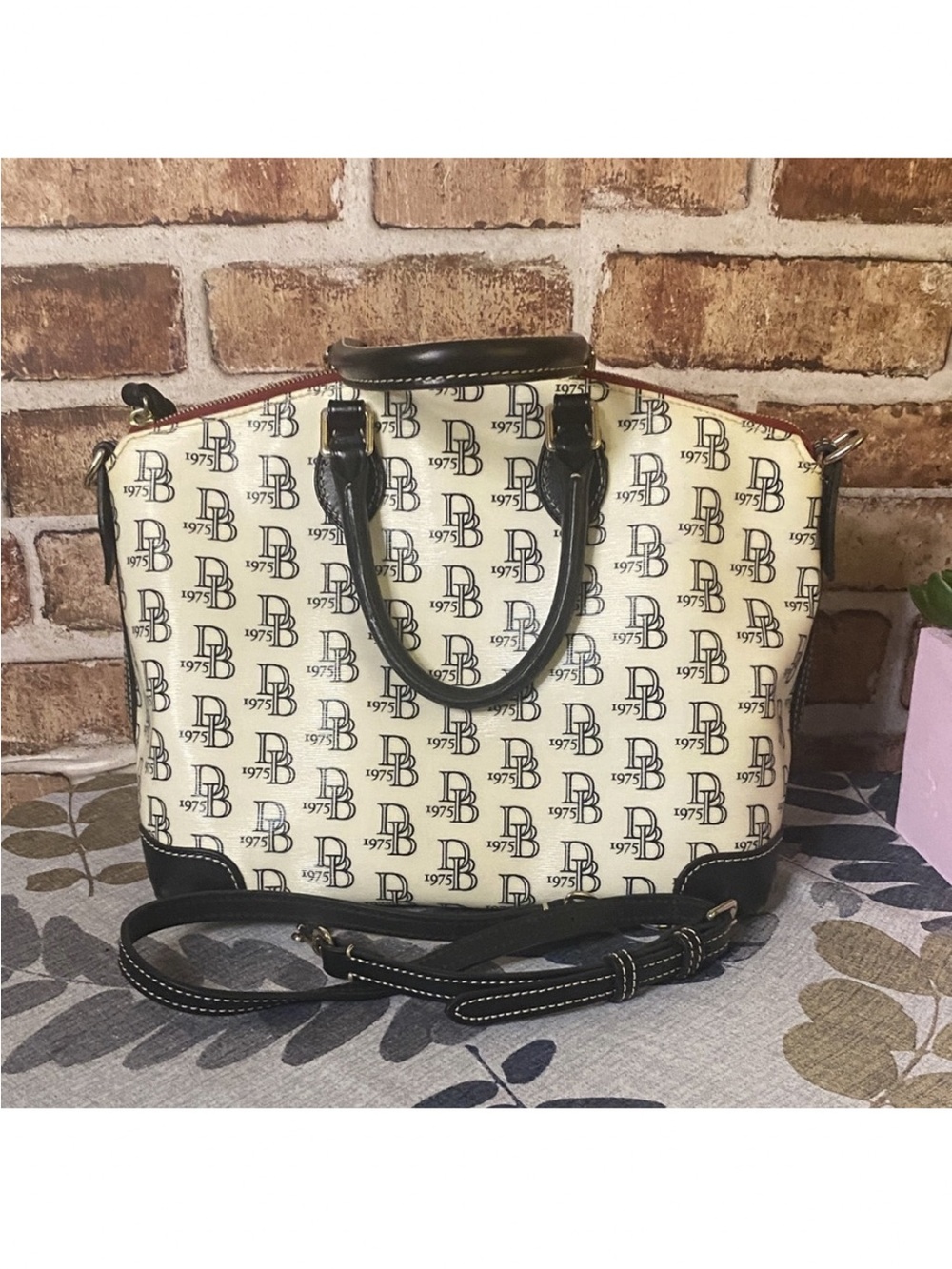 Dooney & Bourke mini Darcy Monogram Canvas Satchel Bag in Cream and Black